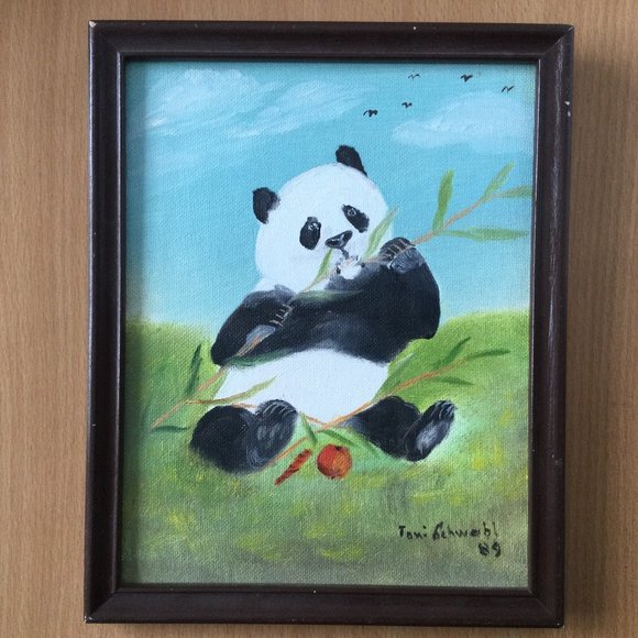 Original oil painting "panda in meadow" canvas board signed framed small - Picture 1 of 4
